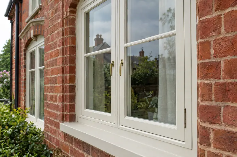 Painted off-white timber flush casement windows on a Victorian red-brick house