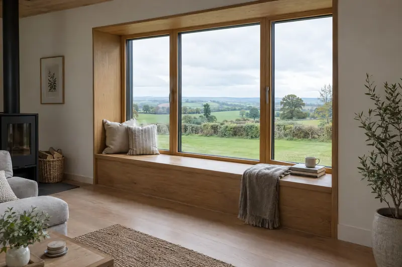 Large oak-framed window with a built-in window seat looking over fields