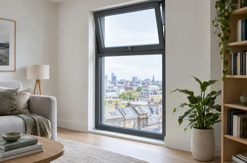 Tall grey tilt and turn window tilted open in a city apartment