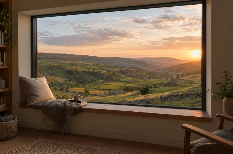 Large fixed picture window framing a view of rolling countryside at sunset