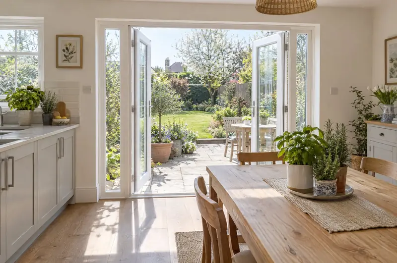 White French doors open from a kitchen-diner onto a sunny garden patio