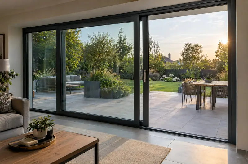 Anthracite aluminium sliding patio door half open onto a paved garden terrace