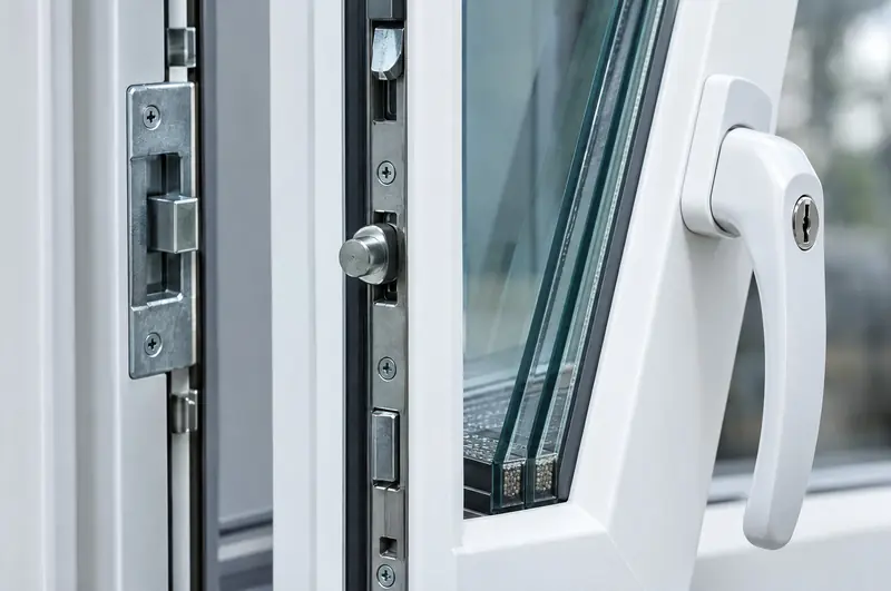 Close-up of a window multi-point lock, key-locking handle and laminated glass edge