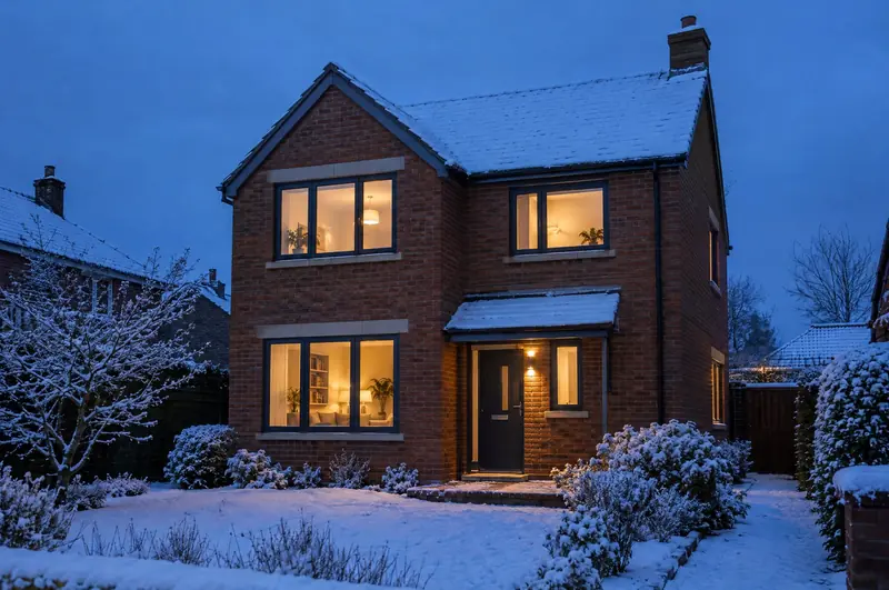 Brick house at dusk in the snow with warm lit windows